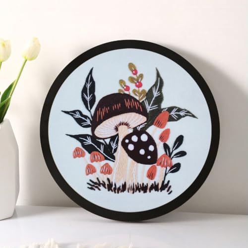 Esffaci Embroidery Starter Kit for Adult Beginner with Mushroom Plant Flower Pattern Hand Embroidery Set with Cloth Hoop Needle Threader Floss and Instruction - color: Mushroom