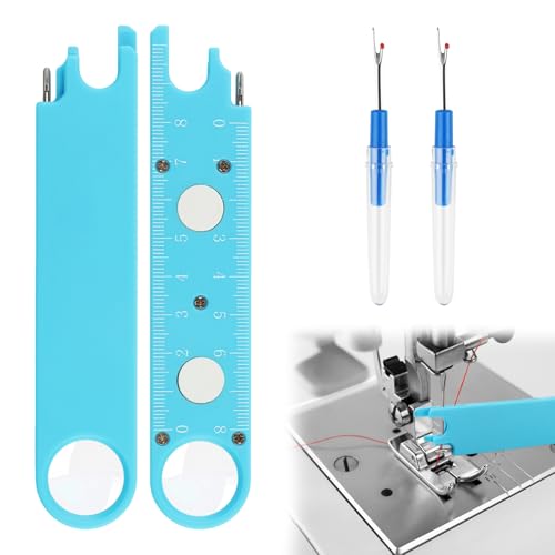 Sewing Machine Needle Threader with Magnifier, 3 in 1 Quick Threading Tool with Magnetic Mount & Integrated Ruler, Anti-Prick Stitch Insertion Kit with 2 Seam Rippers for Quilting