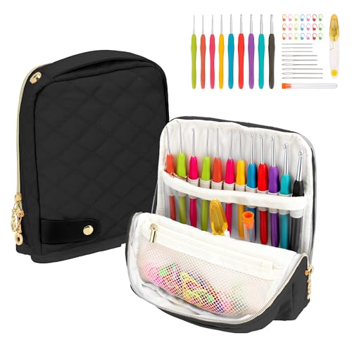 BAGCRAZY Stand-Up Crochet Hook Case Organizer, Travel Craft Holder with Phone Pocket, Quilted Bag with 9 Hooks, Needles & Scissors, Gift for Crochet Lovers – Black - color: Black