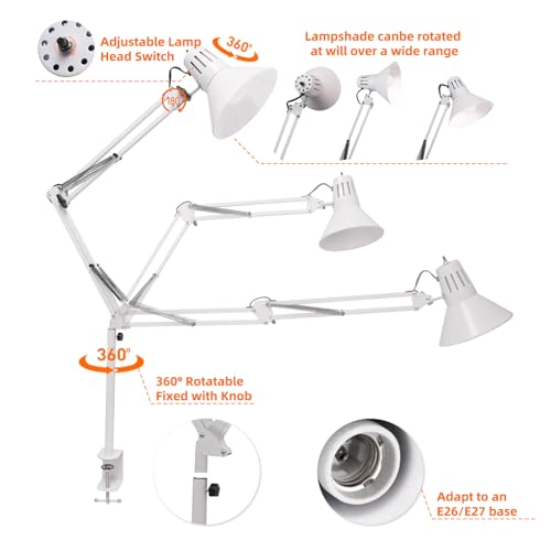 White Desk Lamp with Clamp, Extra-Tall Adjustable Metal Swing Arm, 5000K - color: White, size: 5000K Natural Daylight-Extra Long Swing Arm