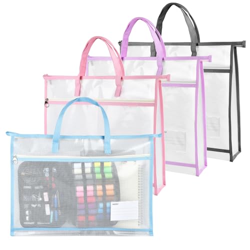 4 Pcs A3 Project Bag, Craft Storage Organizer for Quilters, Clear Mesh Sew Project Bag with Handles, Zipper Storage Bag for Art Craft, Wearable Craft, Teaching Material