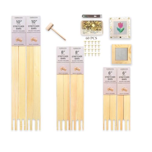12 Pcs Needlepoint Stretcher Bars Set (3 Complete Frames), Premium Pine Wood, Includes 60 Tacks & Tools, for Embroidery & Canvas Stretching (6"/8"/10" Set)