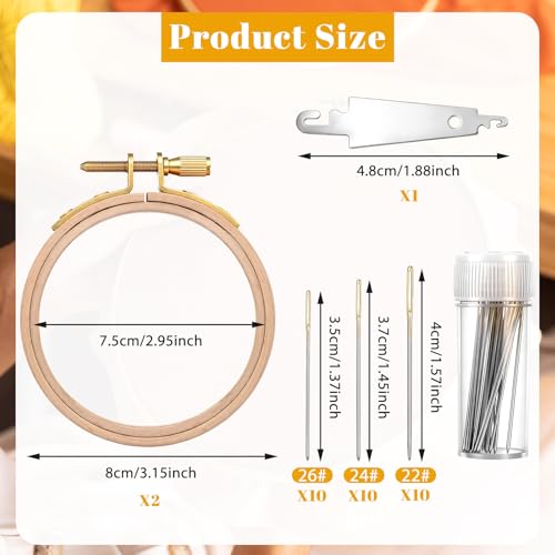 2PCS 3 Inch Wooden Embroidery Hoops, 30PCS 3 Sizes Embroiderys Needles, and 1PCS Needle Threader, Wood Circle Cross Stitch Hoops Ring Small Embroidery Hoop Frame Embroiderys Ring for Art Craft Sewing