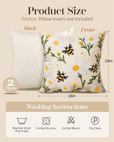 Embroidered Throw Pillow Covers 18x18 Inch, 2Pack, Flower Bee - color: Flower Bee, size: 18" x 18" (Pack of 2)
