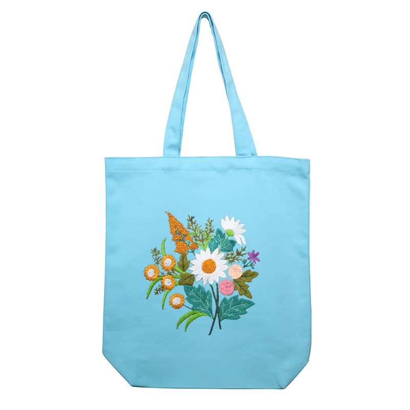 Canvas Tote Bag Embroidery Kit with Pattern for Beginners, Arts and DIY Embroidery Crafts Kits for Adults, Instructions, thimble, Embroidery Hoops, Color Threads (lightblue, CR002 chenhuicaoxin) - color: CR002 chenhuicaoxin lightblue