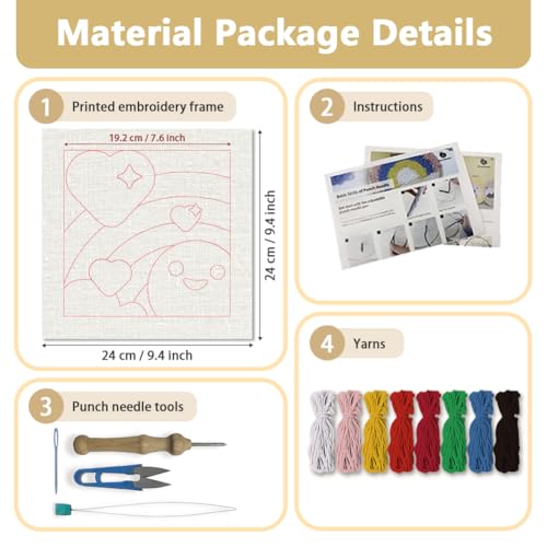 DOODLREAM Cute Rainbow Needle Kit for Beginner, 9.4"x 9.4" Red Heart Punch Stitching Craft Set, DIY Embroidery Starter with Printed Frame, Instruction, Threader, Yarn, Pinch Needle - color: Rainbow
