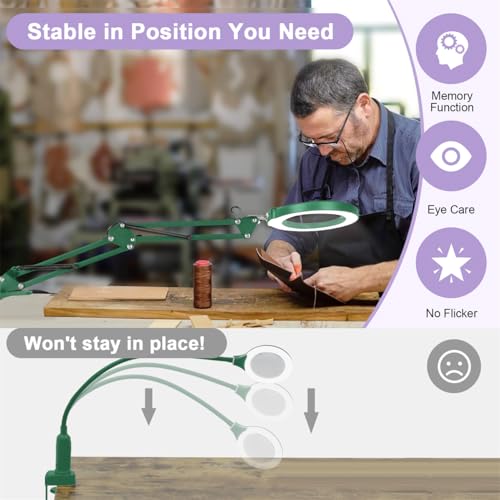 12X Magnifying Glass with Light and Clamp, Real Glass Lens Lighted Magnifier with Stand, 5 Color Modes LED Dimmable Magnifying Desk Lamp Hands Free for Crafts Painting Sewing Close Work - Green - color: Green, size: 12X 17.8inch Clamp