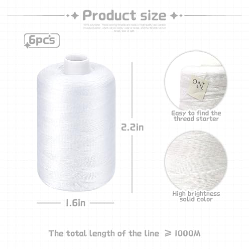 White Thread for Sewing, 6 Spools of 1000 Yards Polyester Quilting Thread - color: White