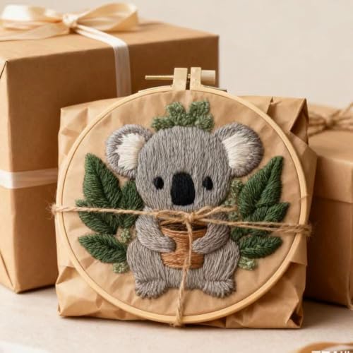 HCANPER Cute Koala Embroidery Starter Kit,DIY Needle Punch Kit, Punch Needle Kits for Beginners,Include Pre-Printed Fabric,Tools,Embroidery Hoop,Threads. (Cute) - color: Cute