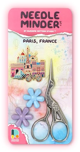 Awesome Pattern Studio Needle Minder Set – Paris Magnetic Needle Minder + 2 Needle Threaders + Crane Scissors. Enamel Pin for Cross Stitch, Embroidery and Craft - size: Paris Set #2