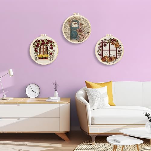Huacan Embroidery Kit for Adults Beginners with 3 Hoops & Gift Box - color: Vintage Floral