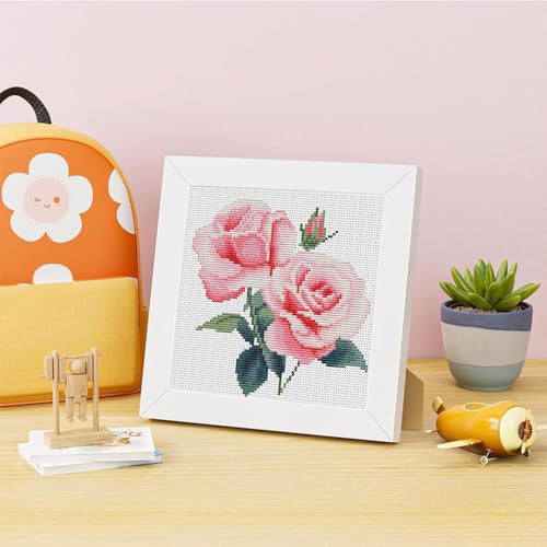 Pink Roses Stamped Cross Stitch Kits for Adult Beginner with Wooden Frame - color: Peony Cross Stitch with Framed