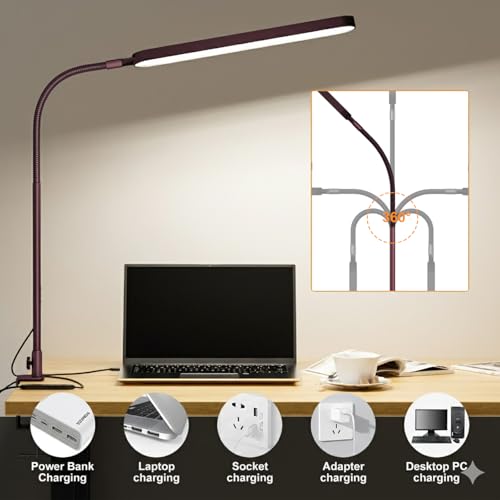 SKYLEO LED Desk Lamp - Desk Light for Home Office - Flexible Gooseneck - 5 Color Modes X 11 Brightness Levels - 1300LM - Timmer & Memory Function - 12W Clip on Light - Red - style: Red gooseneck