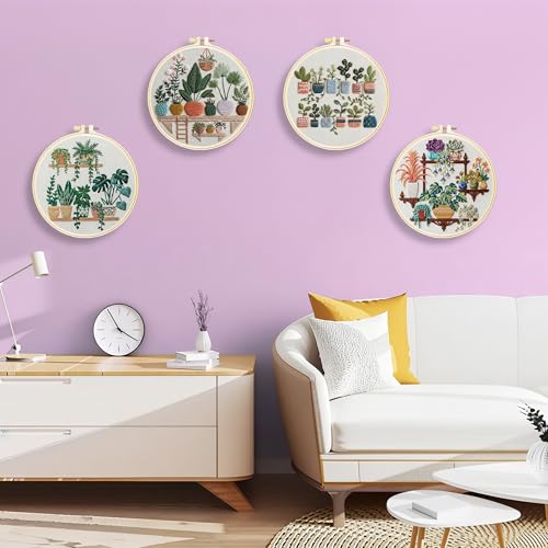 Huacan Embroidery Kit for Adults Beginners with 4 Hoops & Gift Box - color: Potted Plants 2