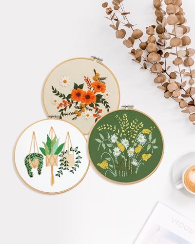 Santune 3 Sets Embroidery Kit for Beginners Needlepoint Cross Stitch Kits for Adults,Stitch Learning DIY Sets with Instruction Video,Stamped Floral Patterns,Hoop,Threads,Sewing Kit - color: Pothos Series