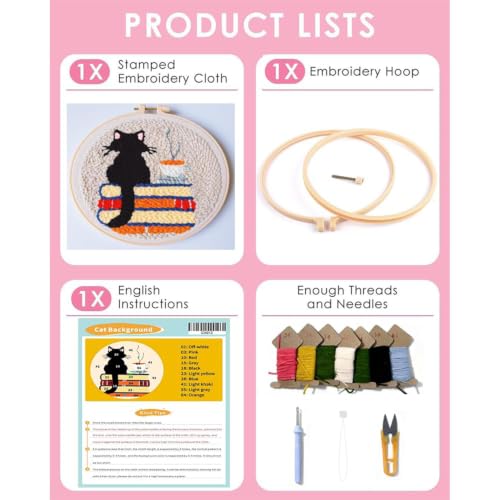 Punch Needle Kit for Beginners Adults-Cat Coffee, with Embroidery Hoop - color: Punch Needle kit-Cat Coffee