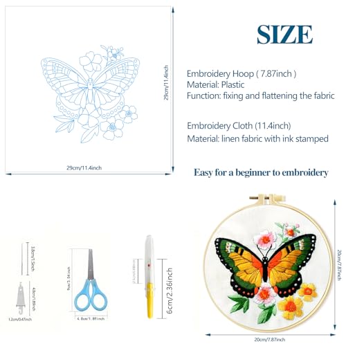 Zhenqing Butterfly Embroidery Kit 11.4x11.4 Inch - Complete Embroidery Set with Fabric, Threads, Needles & Hoop - Beginner-Friendly DIY Craft Kit for Adults (C0040) - color: C0040