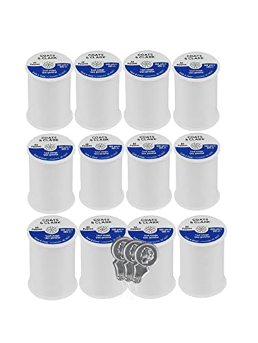Coats & Clark Dual Duty All Purpose Sewing Thread 230A White 400 Yards Each Spool 12 Pack Bundle with Bella's Crafts Needle Threaders (White) - color: White