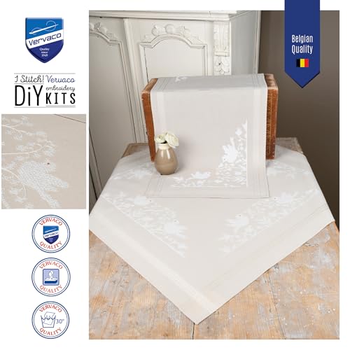 Vervaco Stamped Cross Stitch Tablecloth Kit Singing Birds DIY Embroidery Table Decoration Kit ca. 32" x 32" Art and Craft Supply Creative Activities for Adults Housewarming Gift for Crafters - size: White Birds