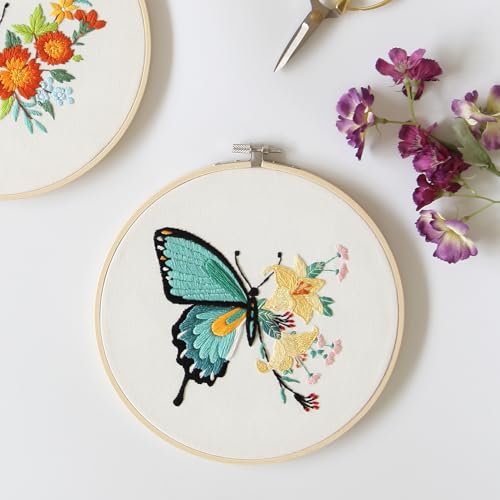 Bonroy 4 Sets Embroidery Kit for Beginners,Embroidery Art Craft Handy Sewing Include Clothes with Pattern,Embroidery Hoops, Instructions,Color Threads Needle (Butterfly) (CX-55) - color: Butterfly