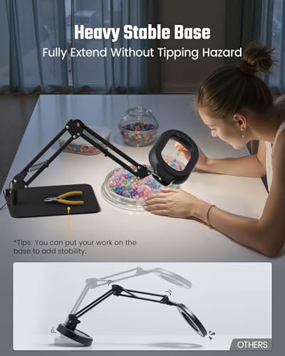 Square Magnifying Desk Lamp, Magnifying Glass with Light and Stand