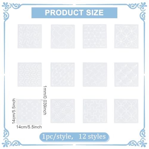 FREEBLOSS 12Pcs Sashiko Stencils Sashiko Embroidery PET Template Drawing Line Template for Hand Quilting Sashiko Patterns Templates Embroidery Stencils 5.5 * 5.5'' - style: Basic