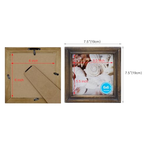 CVHOMEDECO. 6x6 Picture Frame Made of Solid Wood High Definition Glass Rustic Antique Designs Small Photo Frame for Tabletop Display and Wall Mounting, Distress Brown - color: Distress Brown B, size: 6" X 6"