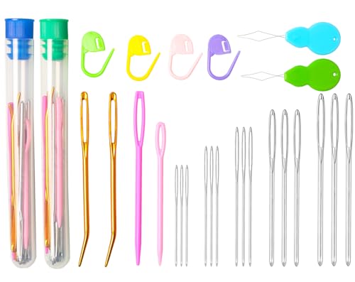 Hekisn 45Pcs Large Eye Blunt Yarn Needles kit, Assorted Sizes Bent Tapestry Darning Needle, Sewing Needles with Needle Threaders & Stitch Markers for Knitting Crochet (Green&Blue) - color: Green&Blue