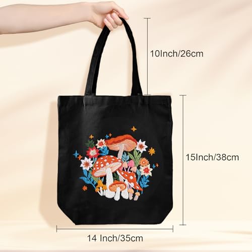 Louise Maelys Embroidery Kit Canvas Tote Bag with Mushroom Floral Pattern - color: mushroom art