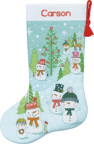 Dimensions 70-08996 Snowman Family DIY Personalizable Christmas Counted Cross Stitch Stocking Kit, 14 Count Light Blue Aida, 16" L