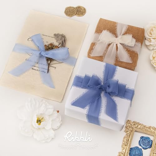 Ribbli Blue Ribbon 1 Inch x 3 Rolls Total 24 Yards Cream/Blue/Dusty Blue Handmade Fringe Chiffon Silk Ribbon for Wrapping Wedding Invitations Bridal Bouquets DIY Crafts Home Decor - color: Cream/Blue/Dusty Blue