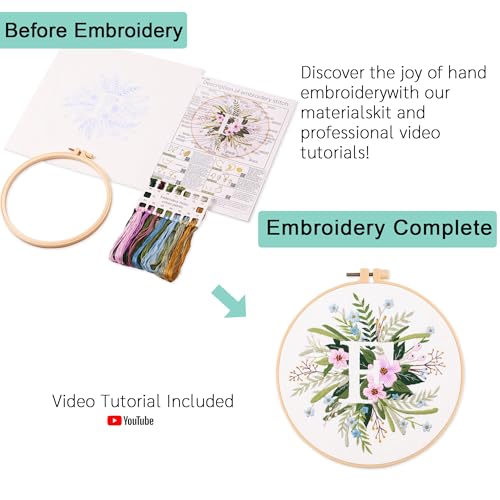 Harimau Letter F Pattern Embroidery Kit for Adult Beginners, Complete Starter Pack with 1 Hoop, Needles, Instruction Guide & Embroidery Stitch Video Tutorials - color: F