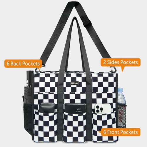 TOPDesign Utility Water Resistant Tote Bag with 22 Pockets, Zipper Closure - color: Checkerboard, size: Large