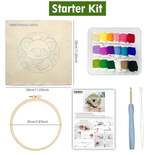 ZuoAnLF Punch Needle Kit for Beginner, Rug Yarn Hooking Beginner Kit with Instruction, Punch Needle Fabric with Pattern, Yarns, Embroidery Hoops for Punch Needle 20CM/9.8INCH (Koala) - color: koala
