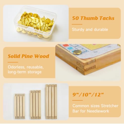12PCS Needlepoint Stretcher Bars, 9"/10"/12" Stretcher Bars for Needlework, with 50 Thumb Tacks, Wooden Canvas Stretcher Bars for Embroidery Stitch Frame Set Bundle（9"/10"/12"） - size: 9"/10"/12"