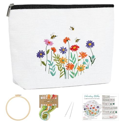 Louise Maelys Embroidery Kit for Beginners Wildflower Canvas Makeup Bag - color: Daisy Floral