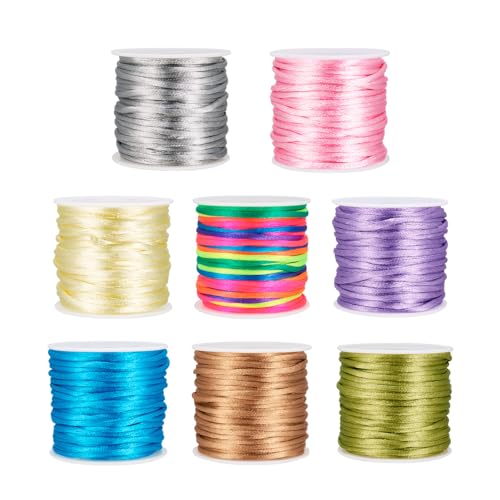 8 Rolls Satin Nylon Trim Cords 2mm Silk Cord Beading String 8 Colors Satin Rattail Cord Macrame Cords Bracelet String for Kumihimo Lanyards Jewelry Keychain Making - color: 8 Colors