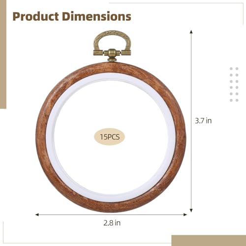 15 PCS Round Embroidery Hoops - 3.7 Inches Imitated Wood Circle Rubber Hoop Frames, Cross Stitch Ornament Hoop Ring, Hanging Wood-Like Frame for DIY Embroidery Art Craft Sewing