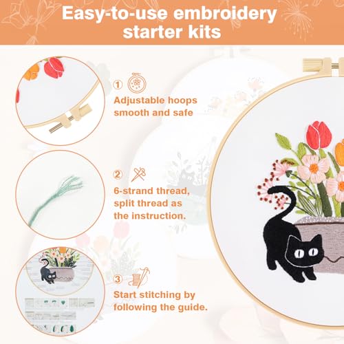 Embroidery Kit for Beginners, Adult Stamped Kits with Cat Floral Patterns