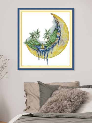 Aiorkeng Cross Stitch Kits Stamped Full Range of Embroidery Starter Kits for Adults Beginners DIY 11CT 3 Strands -Printed kit Sailing on the Moon(Printed) 15.4×16.5 inches - color: Sailing on the Moon39×42cm