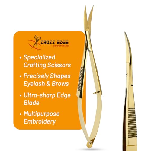 Cross Edge Curved Spring Scissors 5 Inch Stainless Steel Precision Eyebrow & Eyelash Shaping & Trimming Scissor, Snips Squeeze, Embroidery, Knitting Micro Tip Craft Scissors (Gold) - color: Cec-ss-26
