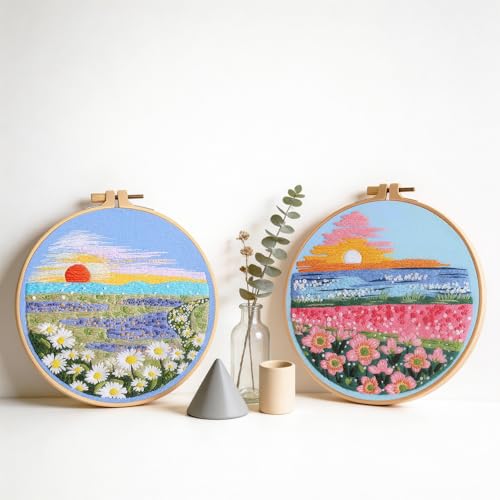 spicssa 2 PCS Embroidery Kit for Beginners, Hand Needlepoint Kits for Adults with Pre-Stamped Patterns, 7.8-Inch Hoop, Threads & Needles, Step by Step Instructions - color: Sunset