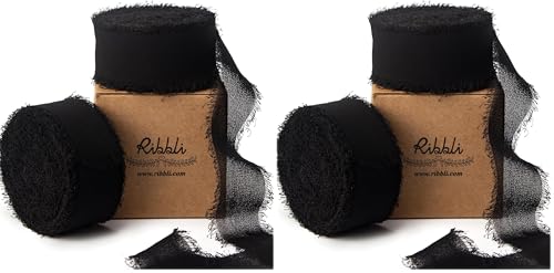Ribbli Black Chiffon Ribbon 1 Inch x 20 Yard Handmade Fringe Chiffon Silk Ribbon Black Ribbon for Gifts Wrapping, Wedding Invitations, Bridal Bouquets, Flower Arrangement (Pack of 2) - color: Black, size: 1 inch (Pack of 2)