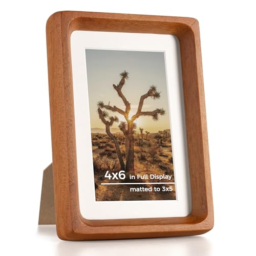 RICHFOCUS 4x6 Picture Frame USA-Sourced Natural Teak Solid Wood Photo Frame Handcrafted Rounded Corner Wooden Frame with Real Glass Display Photos 3x5 with Mat or 4x6 Without Mat - color: Teak, size: 4x6-1PC