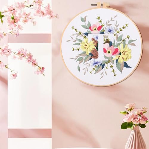 IUHUI Embroidery Kit for Beginners Adults - 26 Floral Letters Easy Patterns, DIY Hand Stitching Embroidery Set with Hoop (Flower and Grass Letter T) - color: Flower and Grass Letter T