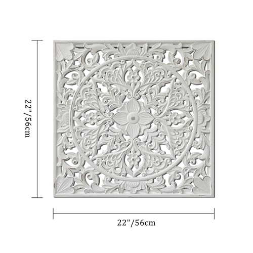 XIAOAIKA Boho Carved Wood Wall Art Panel, Floral Mandala, Distressed White - color: Distressed White