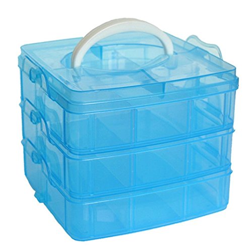 Kamay's 3-Tier Transparent Stackable Adjustable Compartment Slot Plastic Craft Storage Box Organizer Snap-Lock Tray Container 3 Sizes 4 Candy Colors Available(Medium 18 Compartment, Blue) - color: Medium 18 Compartment, Blue