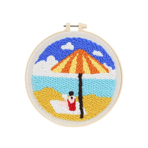 Beach Umbrella Punch Needle Kit for Beginners, 8 Inch Summer Vacation DIY Embroidery Starter Set with Pre-Printed Fabric, Wooden Hoop, Yarn & Tools, Coastal Wall Art Craft Gift for Adults - color: BLUE-GIRL