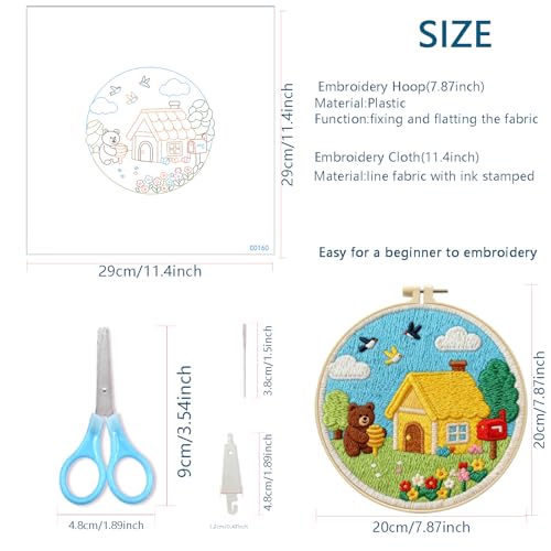 Zhenqing Spring Cottage Embroidery Kit for Beginners, Bear and Honey Craft Set with 20cm Hoop, Printed Design on 29x29cm Cotton Fabric, DIY Cheerful Wall Art (C0160) - color: Spring Cottage