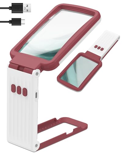 15X Magnifying Glass with Light and Stand, Rechargeable Folding Handheld Real Glass Magnifier, 3 Color Modes Dimmable Lighted Page Magnifying Sheet for Seniors Low Vision Small Prints - Red White - color: Red-white
